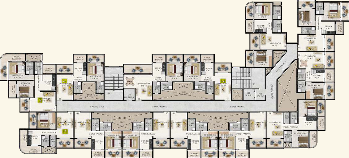Building 1 floor plan for the 3rd–7th, 9th–12th and 14th floors, from the brochure