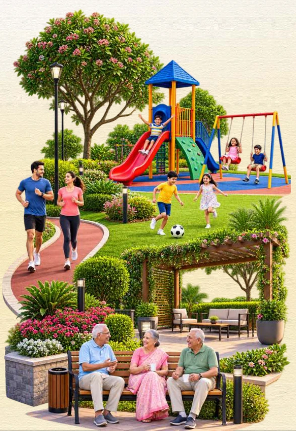 Rosewood Residency landscaped garden illustration
