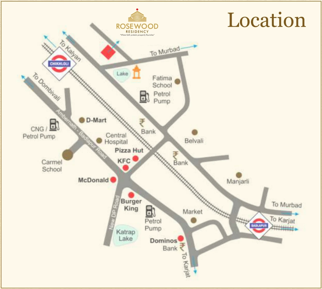 Brochure map showing Rosewood Residency near Chikhloli Station, with routes towards Kalyan and Badlapur